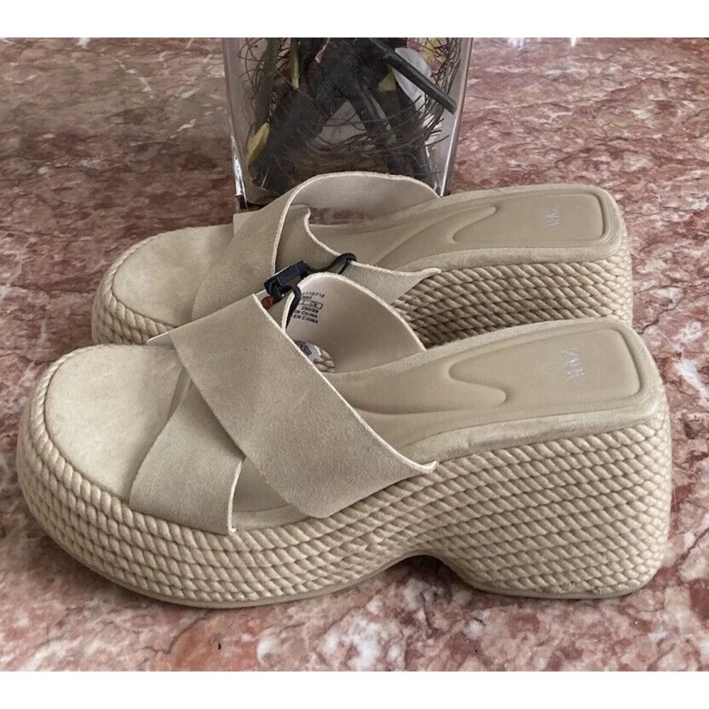 NWT Zara Jute Platform Y2K Wedge Heels Leather Upper Criss-Cross Sandals US 9/40 - Picture 4 of 10